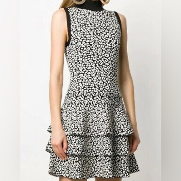 NWT MICHAEL KORS Black/White Leopard Print Sleeveless Ruffle Mini Dress Sz XS - Picture 2 of 13